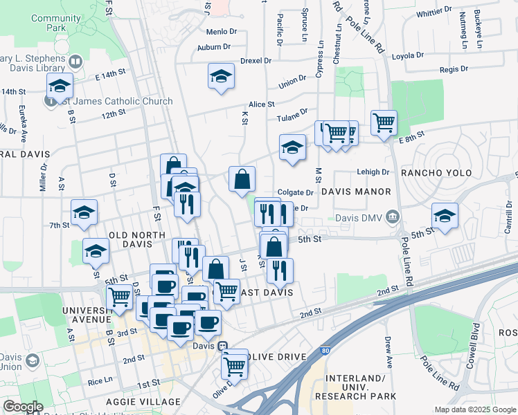 map of restaurants, bars, coffee shops, grocery stores, and more near 1201 Duke Drive in Davis