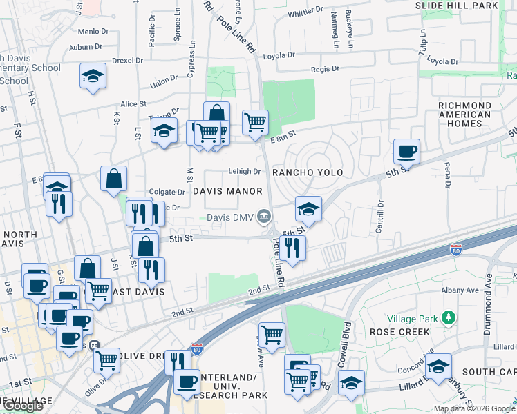 map of restaurants, bars, coffee shops, grocery stores, and more near 619 Pole Line Road in Davis