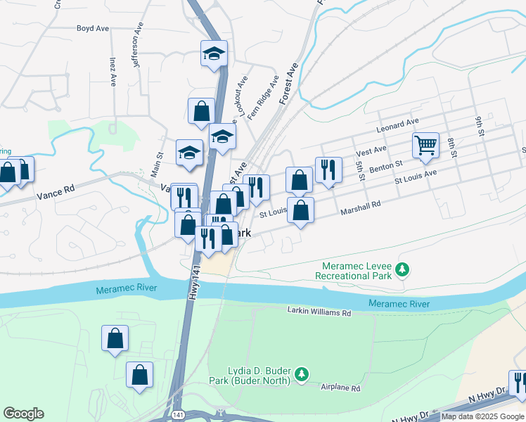 map of restaurants, bars, coffee shops, grocery stores, and more near 112 Saint Louis Avenue in Valley Park