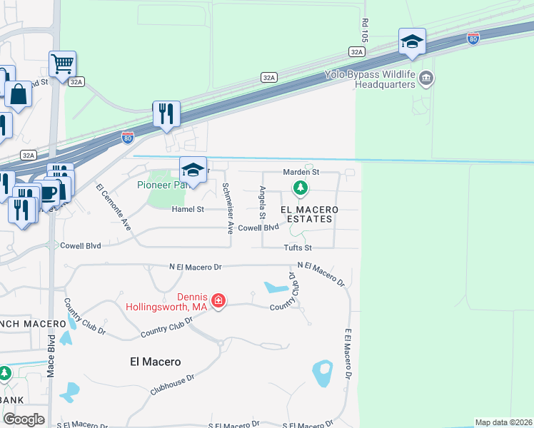 map of restaurants, bars, coffee shops, grocery stores, and more near 506 Angela Street in Davis