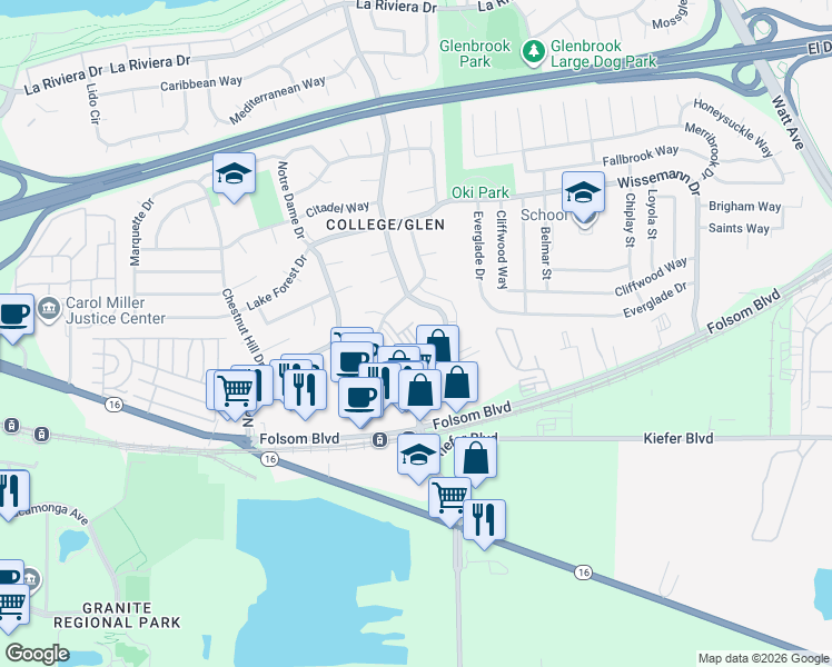 map of restaurants, bars, coffee shops, grocery stores, and more near 3142 Occidental Drive in Sacramento