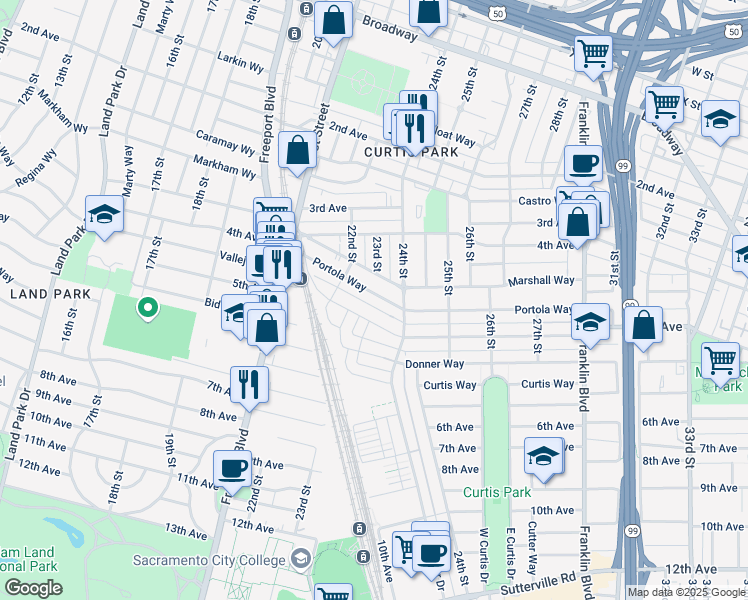 map of restaurants, bars, coffee shops, grocery stores, and more near 2322 Portola Way in Sacramento