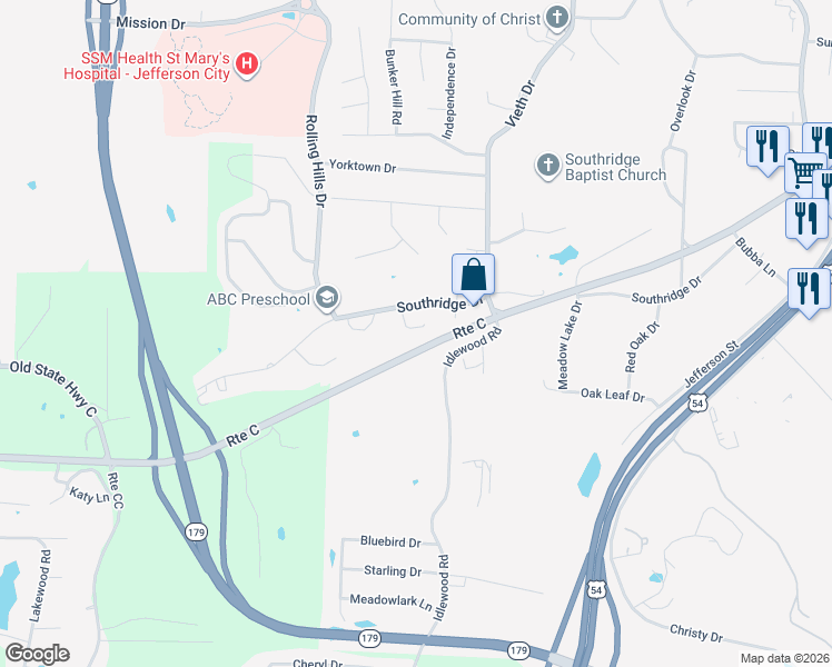 map of restaurants, bars, coffee shops, grocery stores, and more near 2319 Gray Fox Terrace in Jefferson City