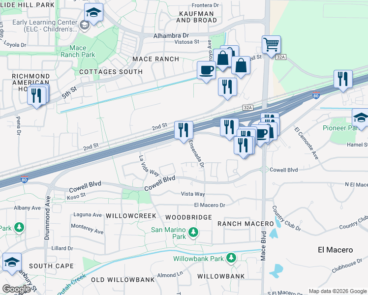 map of restaurants, bars, coffee shops, grocery stores, and more near 4100 Chiles Road in Davis