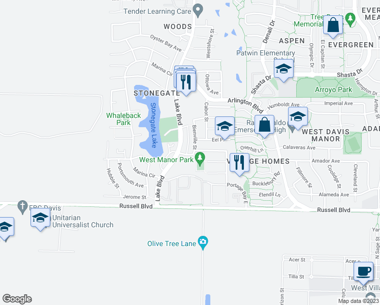 map of restaurants, bars, coffee shops, grocery stores, and more near 909 Bienville Street in Davis