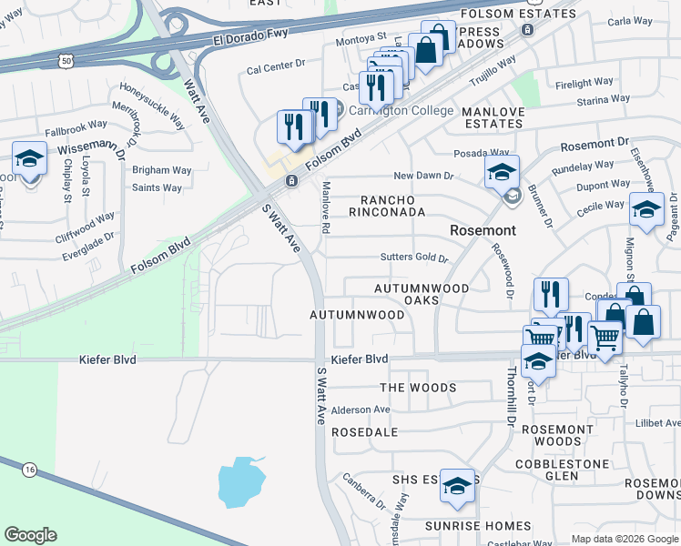 map of restaurants, bars, coffee shops, grocery stores, and more near 8915 Red Leaf Way in Sacramento