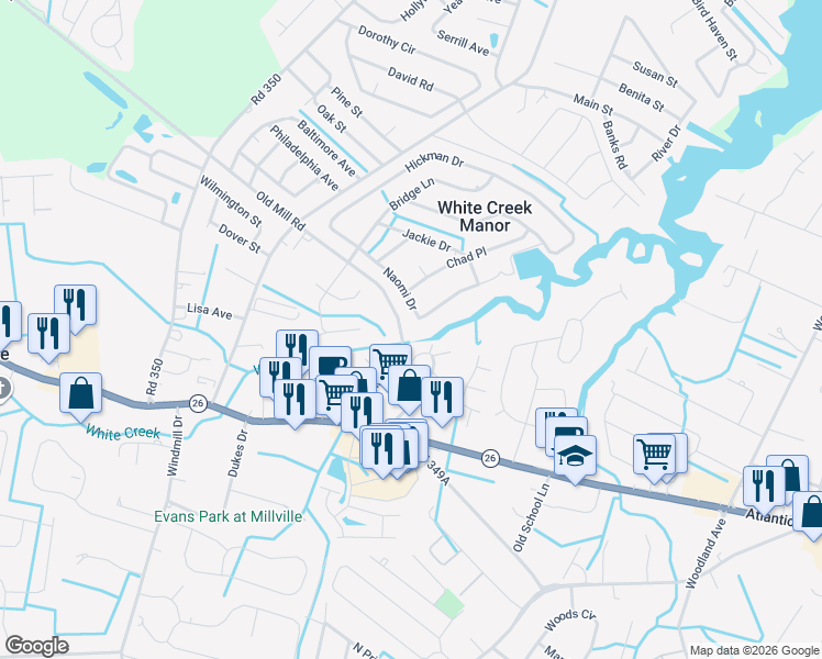 map of restaurants, bars, coffee shops, grocery stores, and more near 125 Naomi Drive in Millville