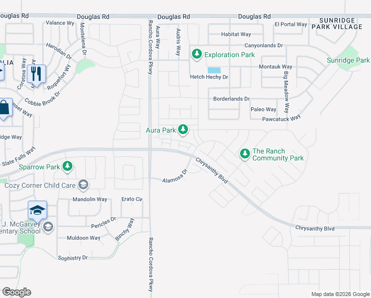 map of restaurants, bars, coffee shops, grocery stores, and more near 4223 Choteau Circle in Rancho Cordova