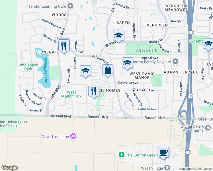 map of restaurants, bars, coffee shops, grocery stores, and more near 2429 Creekhollow Lane in Davis