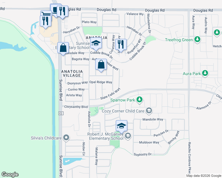 map of restaurants, bars, coffee shops, grocery stores, and more near 11838 Sandy Knoll Court in Rancho Cordova