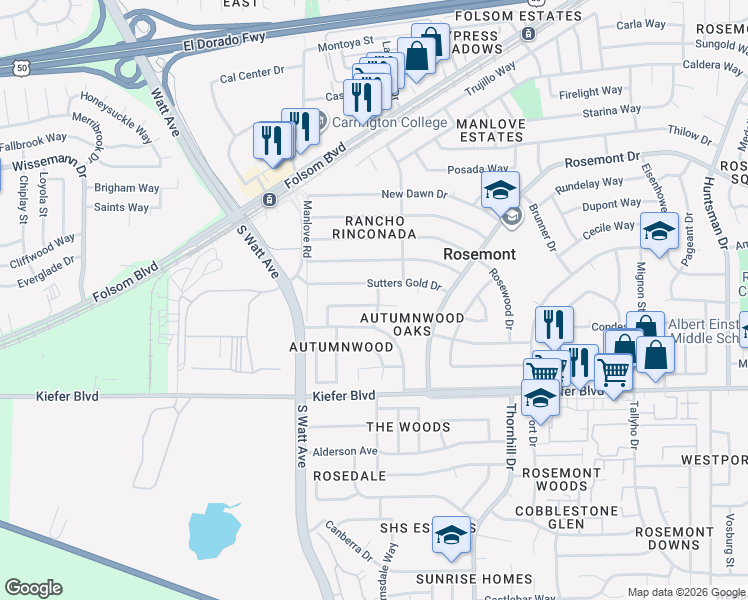 map of restaurants, bars, coffee shops, grocery stores, and more near 8953 Red Leaf Way in Sacramento