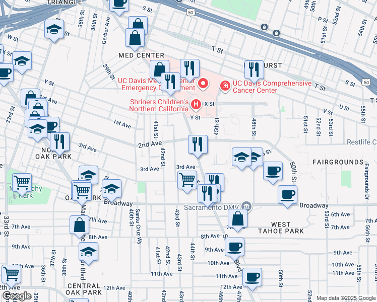 map of restaurants, bars, coffee shops, grocery stores, and more near 2741 43rd Street in Sacramento