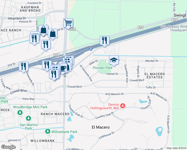 map of restaurants, bars, coffee shops, grocery stores, and more near 5018 Swingle Drive in Davis