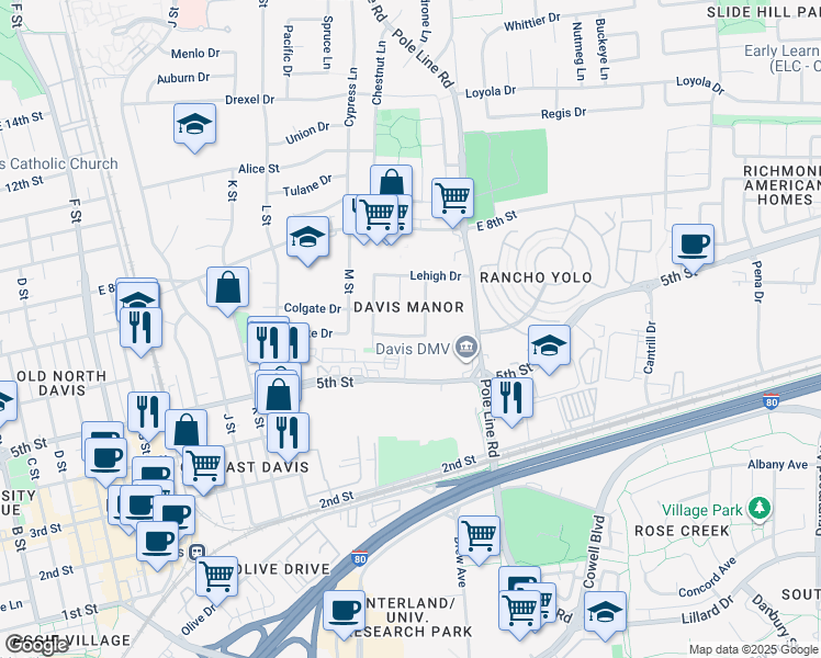 map of restaurants, bars, coffee shops, grocery stores, and more near 1806 Pomona Drive in Davis
