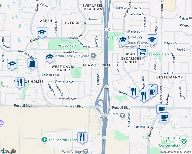 map of restaurants, bars, coffee shops, grocery stores, and more near 708-710 Arthur Street in Davis