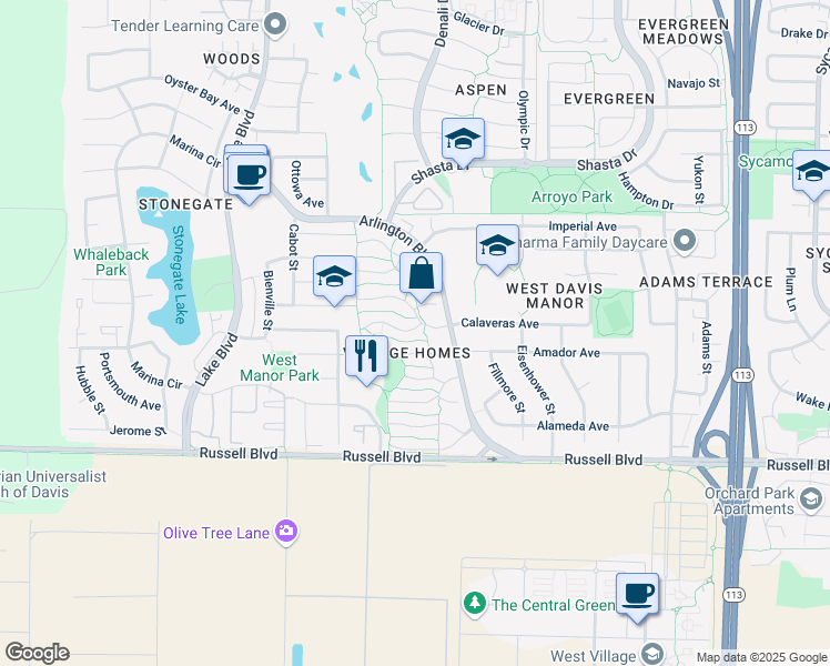 map of restaurants, bars, coffee shops, grocery stores, and more near 2429 Creekhollow Lane in Davis