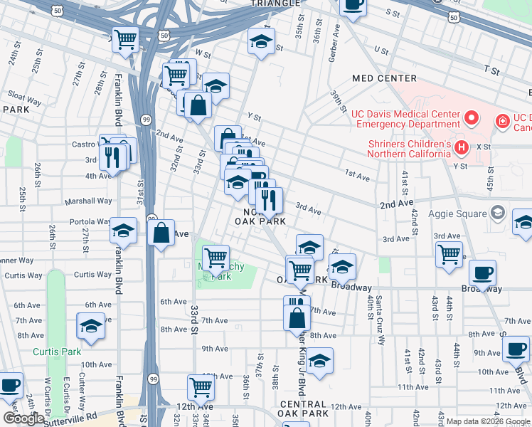 map of restaurants, bars, coffee shops, grocery stores, and more near 3623 4th Avenue in Sacramento