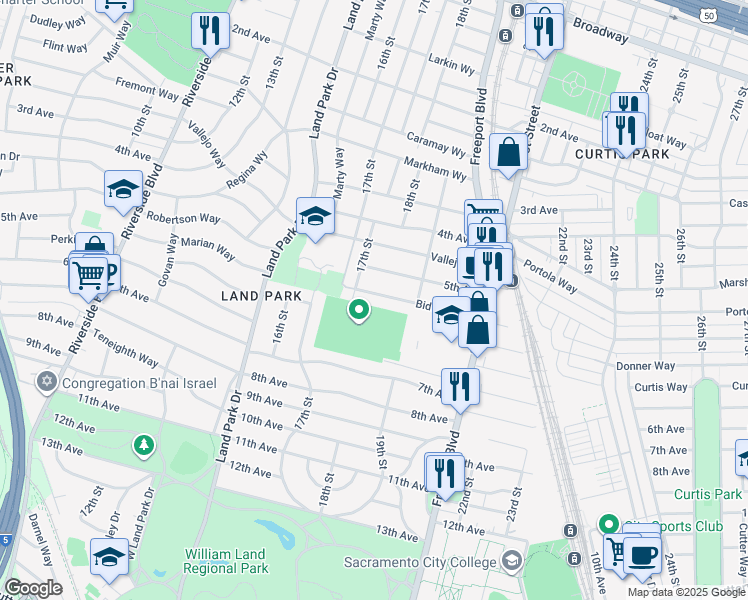 map of restaurants, bars, coffee shops, grocery stores, and more near 1746 Bidwell Way in Sacramento