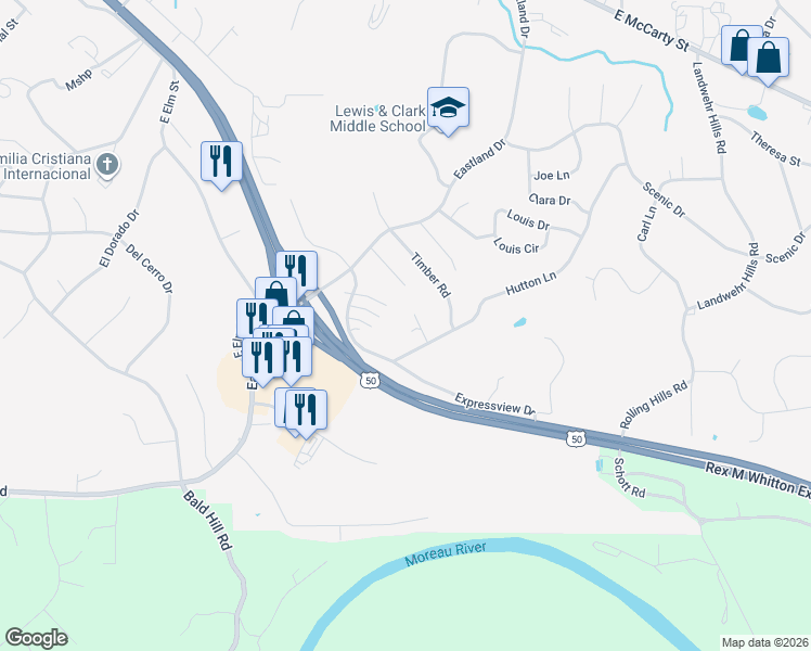 map of restaurants, bars, coffee shops, grocery stores, and more near 602 Hutton Lane in Jefferson City