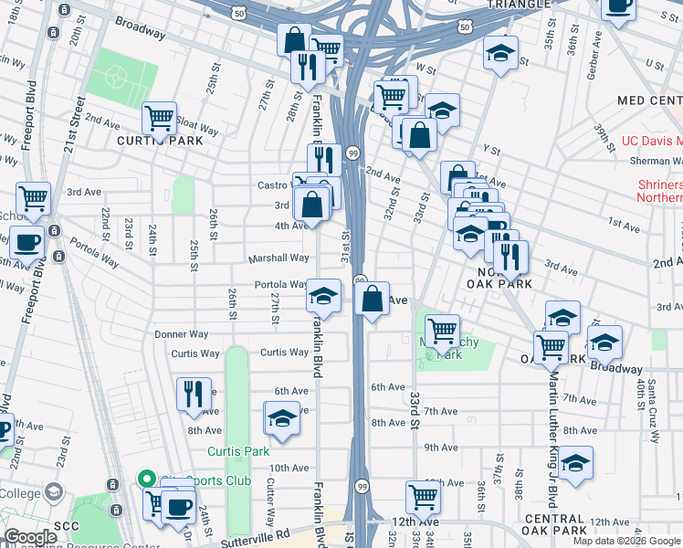 map of restaurants, bars, coffee shops, grocery stores, and more near 3054 Marshall Way in Sacramento