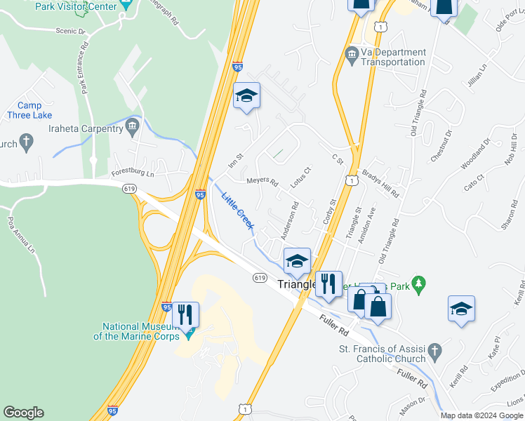 map of restaurants, bars, coffee shops, grocery stores, and more near 18591 Quantico Gateway Drive in Triangle