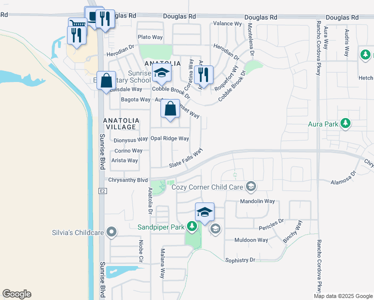map of restaurants, bars, coffee shops, grocery stores, and more near 11838 Sandy Knoll Court in Rancho Cordova