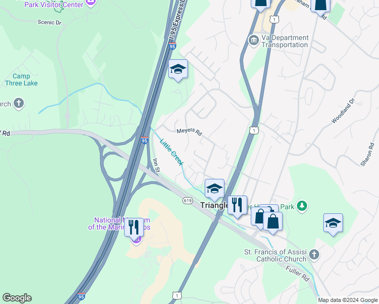map of restaurants, bars, coffee shops, grocery stores, and more near 18591 Quantico Gateway Drive in Triangle