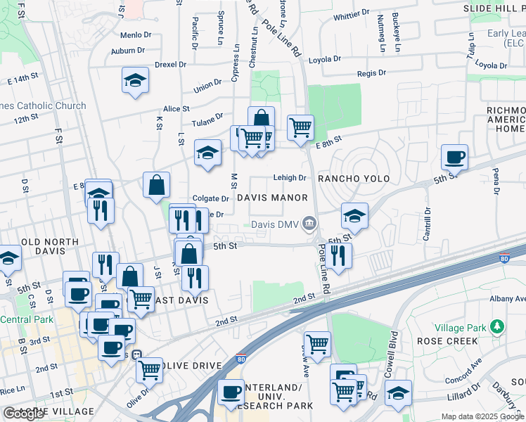 map of restaurants, bars, coffee shops, grocery stores, and more near 1747 Pomona Drive in Davis