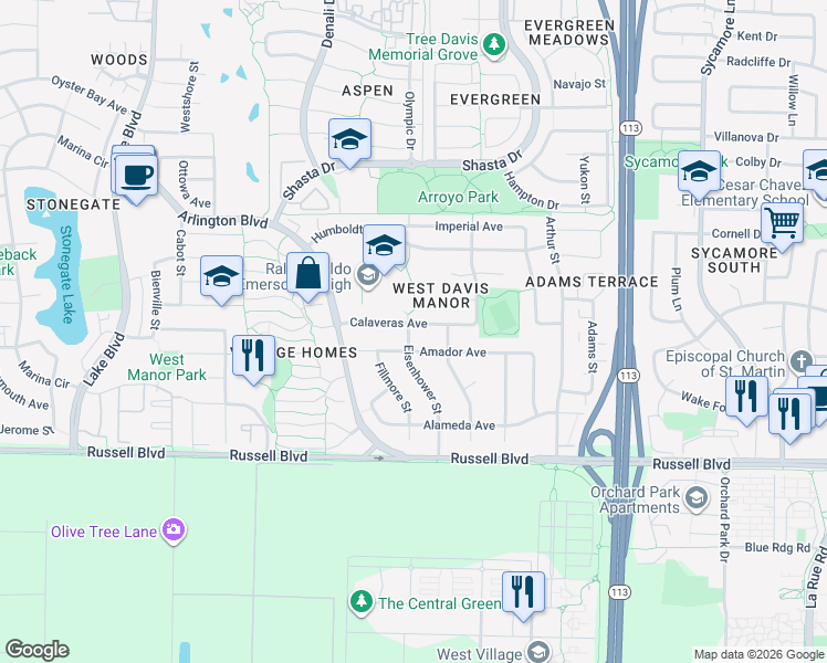 map of restaurants, bars, coffee shops, grocery stores, and more near 700 Eisenhower Street in Davis