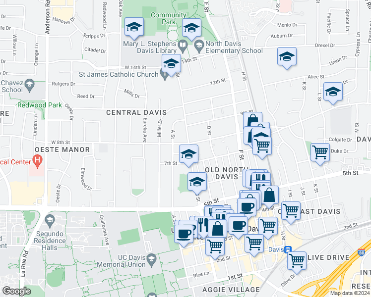 map of restaurants, bars, coffee shops, grocery stores, and more near 749 B Street in Davis