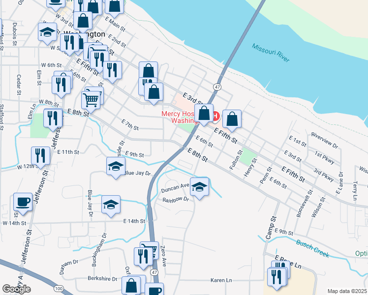 map of restaurants, bars, coffee shops, grocery stores, and more near East 8th Street in Washington
