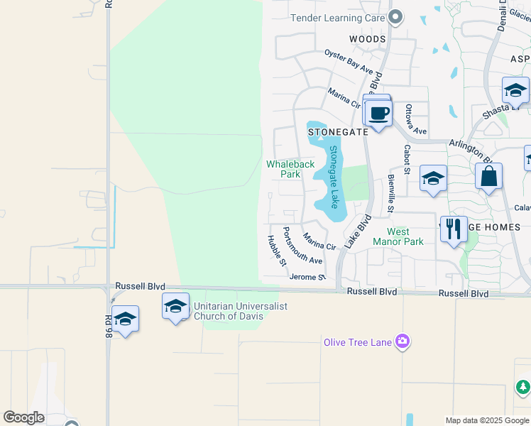 map of restaurants, bars, coffee shops, grocery stores, and more near 3401 Bermuda Avenue in Davis
