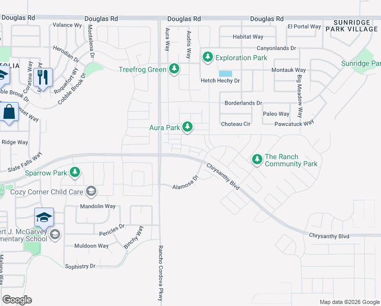 map of restaurants, bars, coffee shops, grocery stores, and more near 4223 Choteau Circle in Rancho Cordova