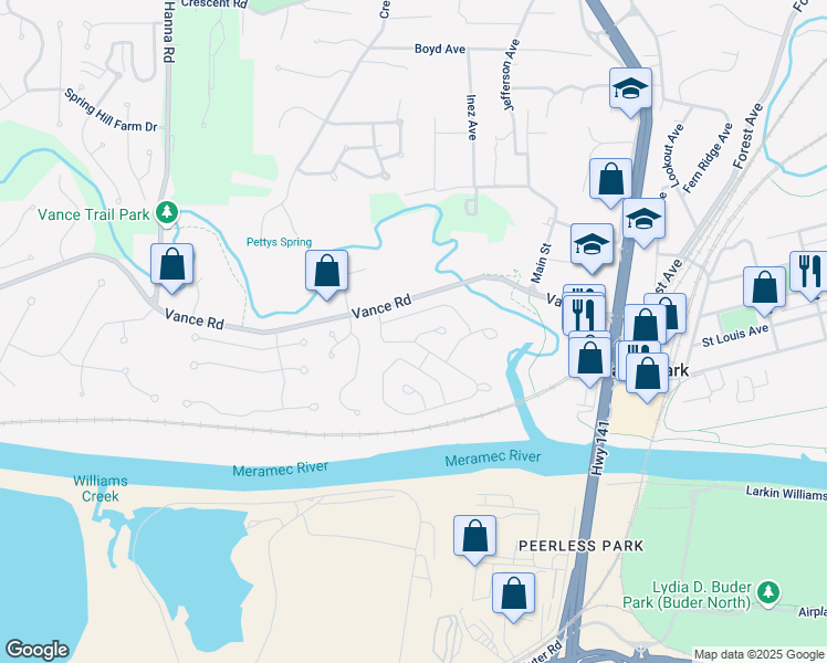 map of restaurants, bars, coffee shops, grocery stores, and more near 246 Highland Village Drive in Valley Park