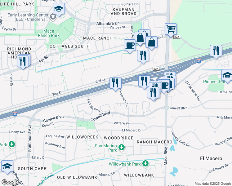 map of restaurants, bars, coffee shops, grocery stores, and more near 4120 Chiles Road in Davis