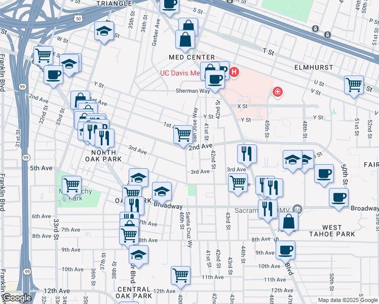 map of restaurants, bars, coffee shops, grocery stores, and more near in Sacramento
