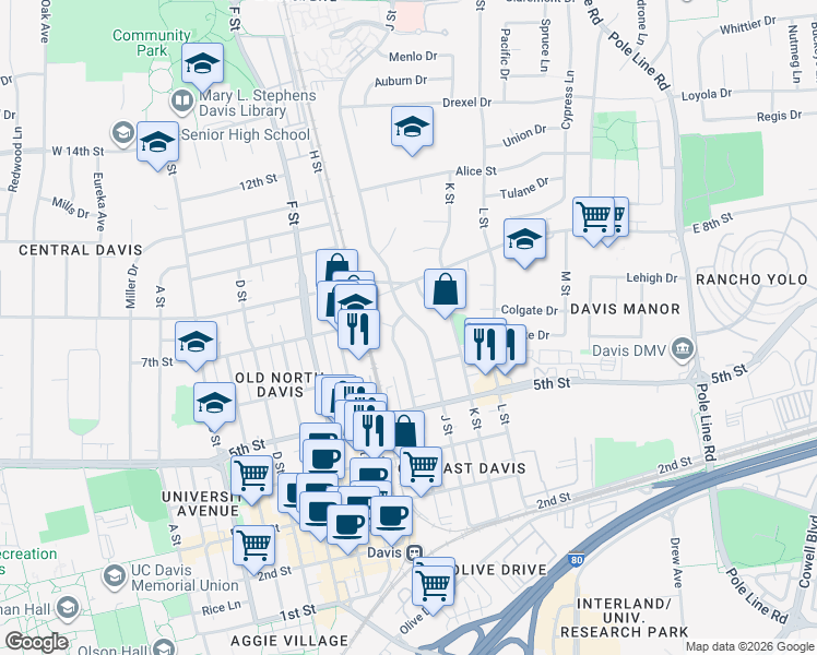 map of restaurants, bars, coffee shops, grocery stores, and more near 628 I Street in Davis