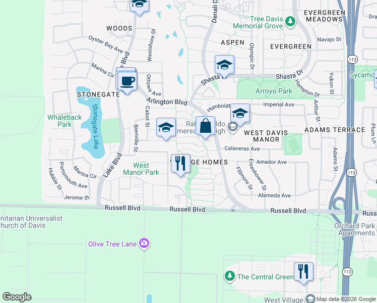 map of restaurants, bars, coffee shops, grocery stores, and more near 21 Grambling Court in Davis