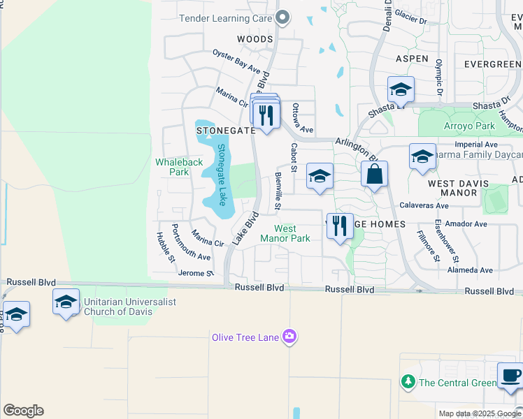 map of restaurants, bars, coffee shops, grocery stores, and more near 909 Bienville Street in Davis