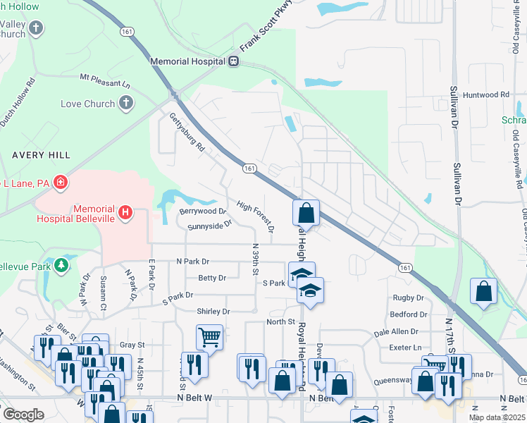 map of restaurants, bars, coffee shops, grocery stores, and more near 134 High Forest Drive in Belleville