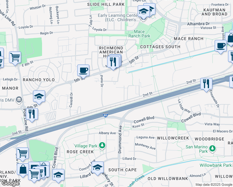map of restaurants, bars, coffee shops, grocery stores, and more near 3031 2nd Street in Davis