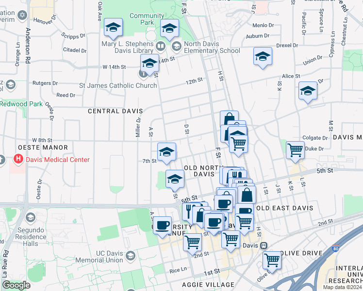 map of restaurants, bars, coffee shops, grocery stores, and more near 410 East 8th Street in Davis