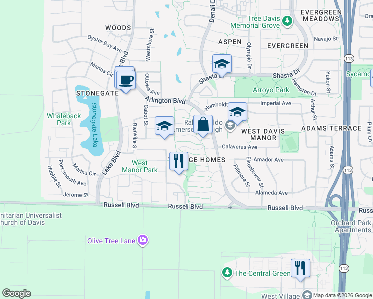 map of restaurants, bars, coffee shops, grocery stores, and more near 21 Grambling Court in Davis