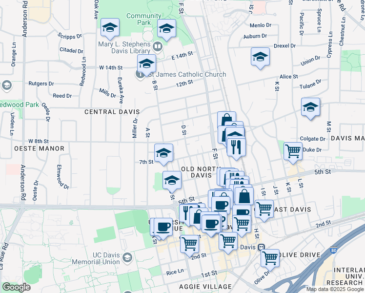 map of restaurants, bars, coffee shops, grocery stores, and more near 425 7th Street in Davis