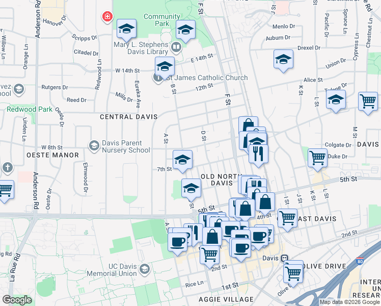 map of restaurants, bars, coffee shops, grocery stores, and more near 750 B Street in Davis