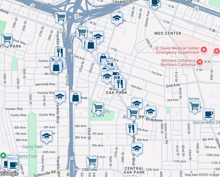 map of restaurants, bars, coffee shops, grocery stores, and more near 4th Avenue in Sacramento