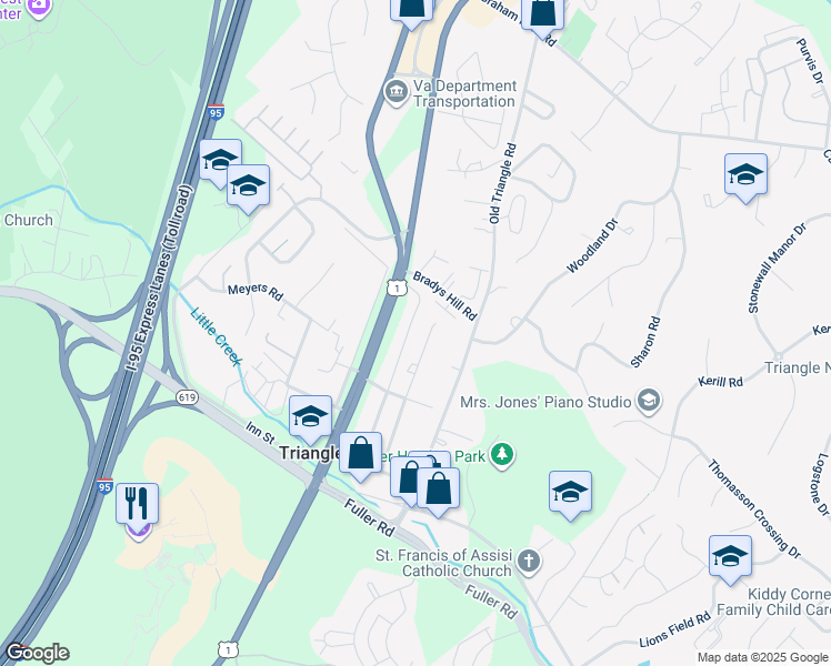 map of restaurants, bars, coffee shops, grocery stores, and more near 18513 Triangle Street in Triangle