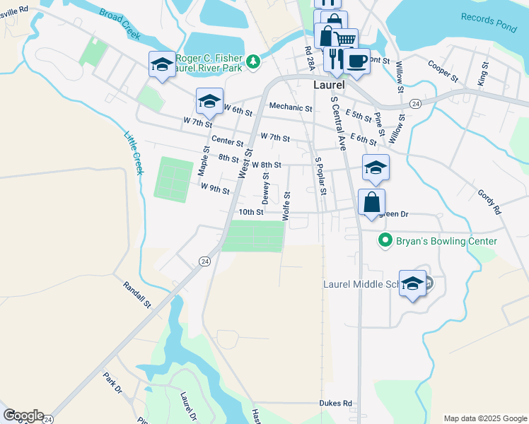 map of restaurants, bars, coffee shops, grocery stores, and more near 10th Street in Laurel