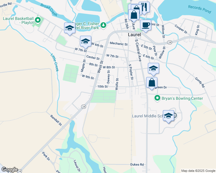 map of restaurants, bars, coffee shops, grocery stores, and more near 10th Street in Laurel
