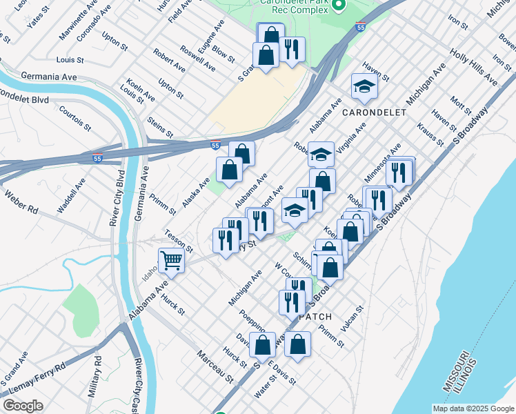 map of restaurants, bars, coffee shops, grocery stores, and more near 7607 Vermont Avenue in St. Louis